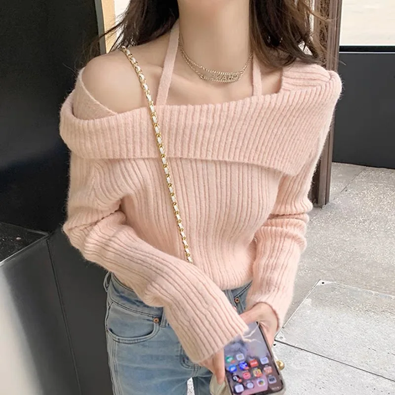 

pure lustful design Off Shoulder Sweater Slim Knit Pullover Solid Color Women Long Sleeve Top Casual Harajuku Commuting Fall