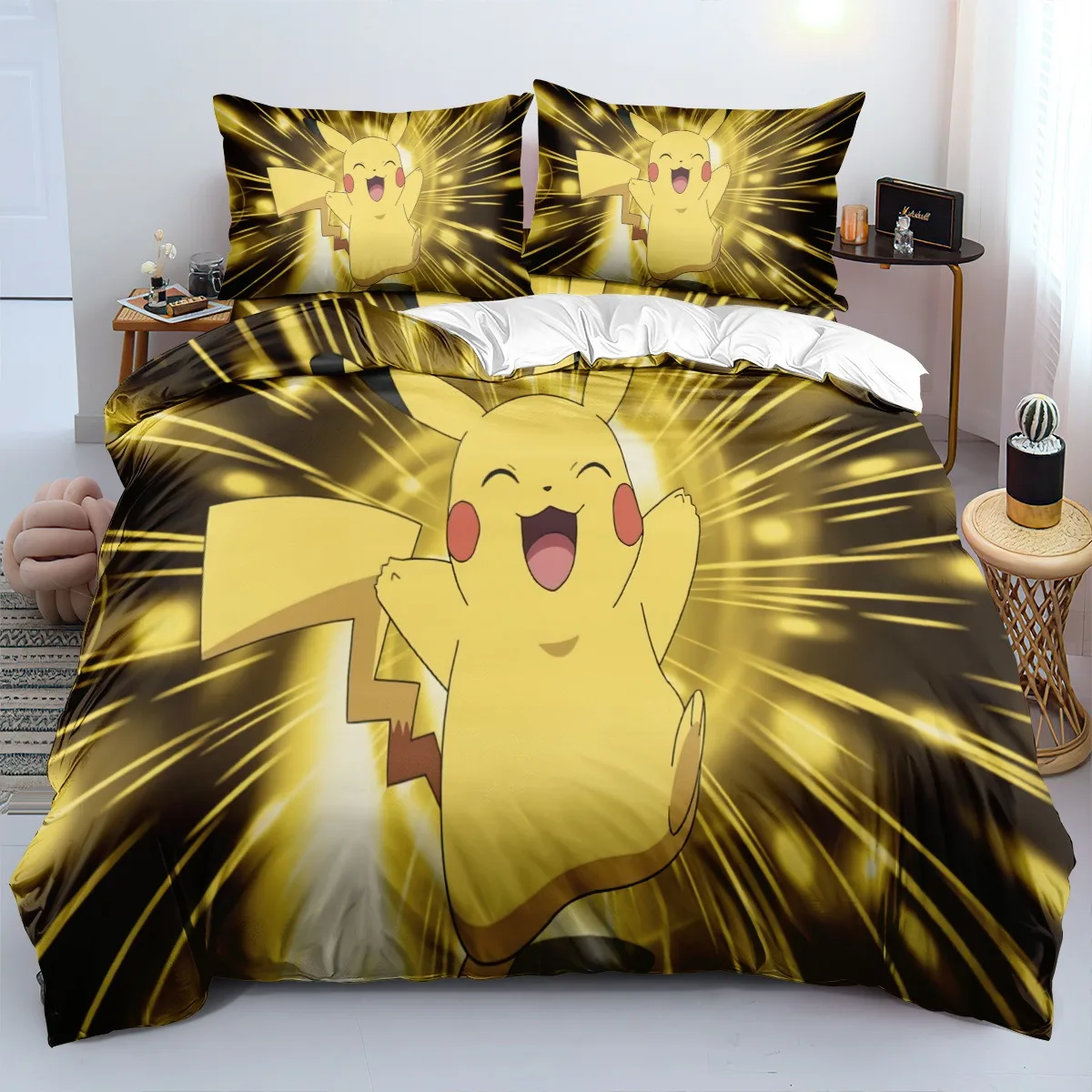 Pikachu Duvet Cover 3D Printed Pokémon Bedding Set,Anime Quilt Duvet Pillowcase for Children Girls Boys Teenagers Adults