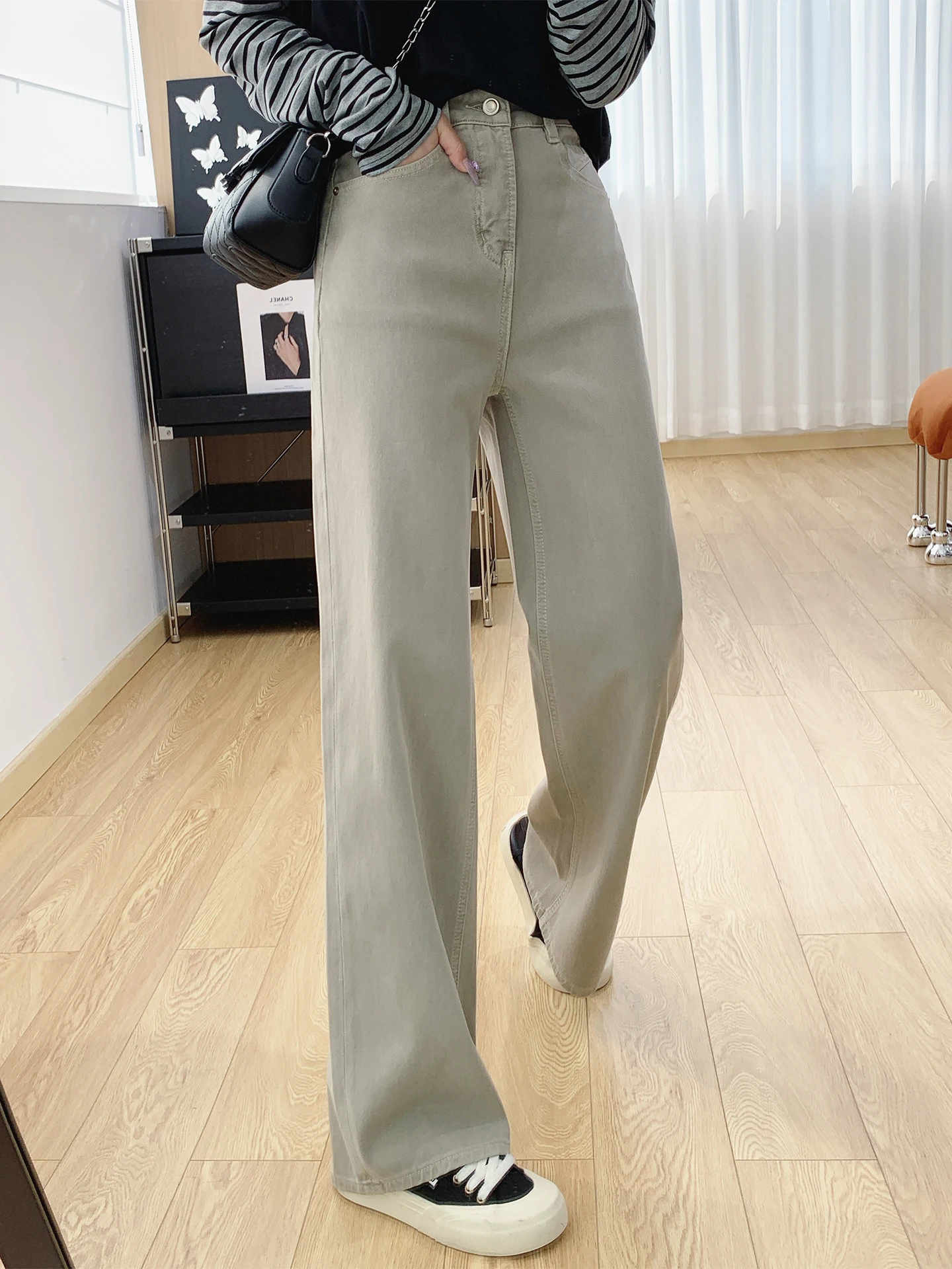 

High Waist Slim Fit Wide Leg Jeans Women's Spring Loose Straight Cotton Denim Pants Four Way Stretch Rigid Casual Trousers