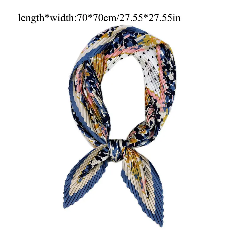 Korean Pleated Scarf Crinkle Small Square Scarf Decorative Silk Women Scarf Print Neck Scarves Elastic Hair Band Ribbon Wrinkle