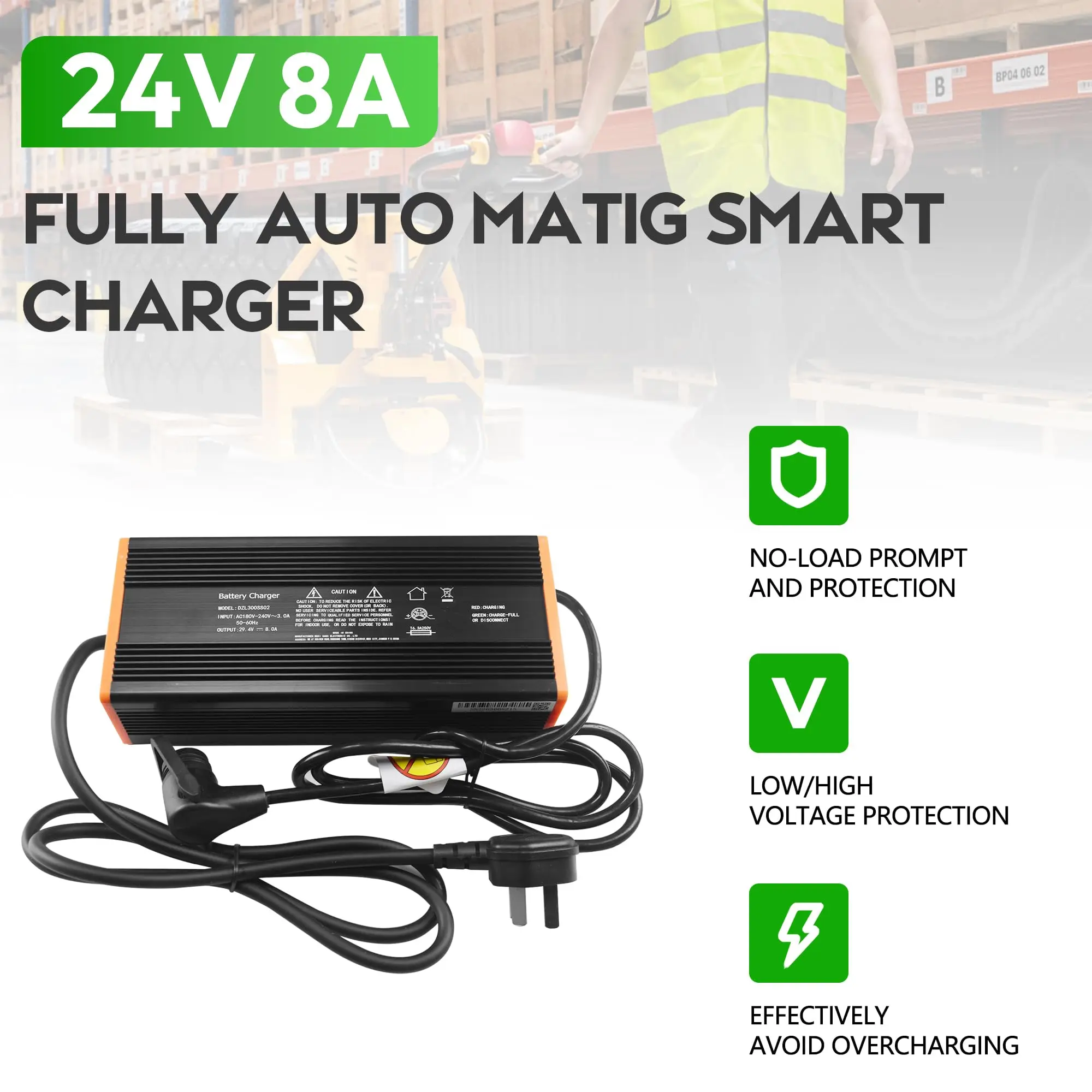 Forklift Lithium Battery Charger 24V 8A for Pallet Jack NOBLELIFT PTE15N, XCMG XCC-LW15, Jungheinrich PTE15-Li, Hyster UN1.5W-Li
