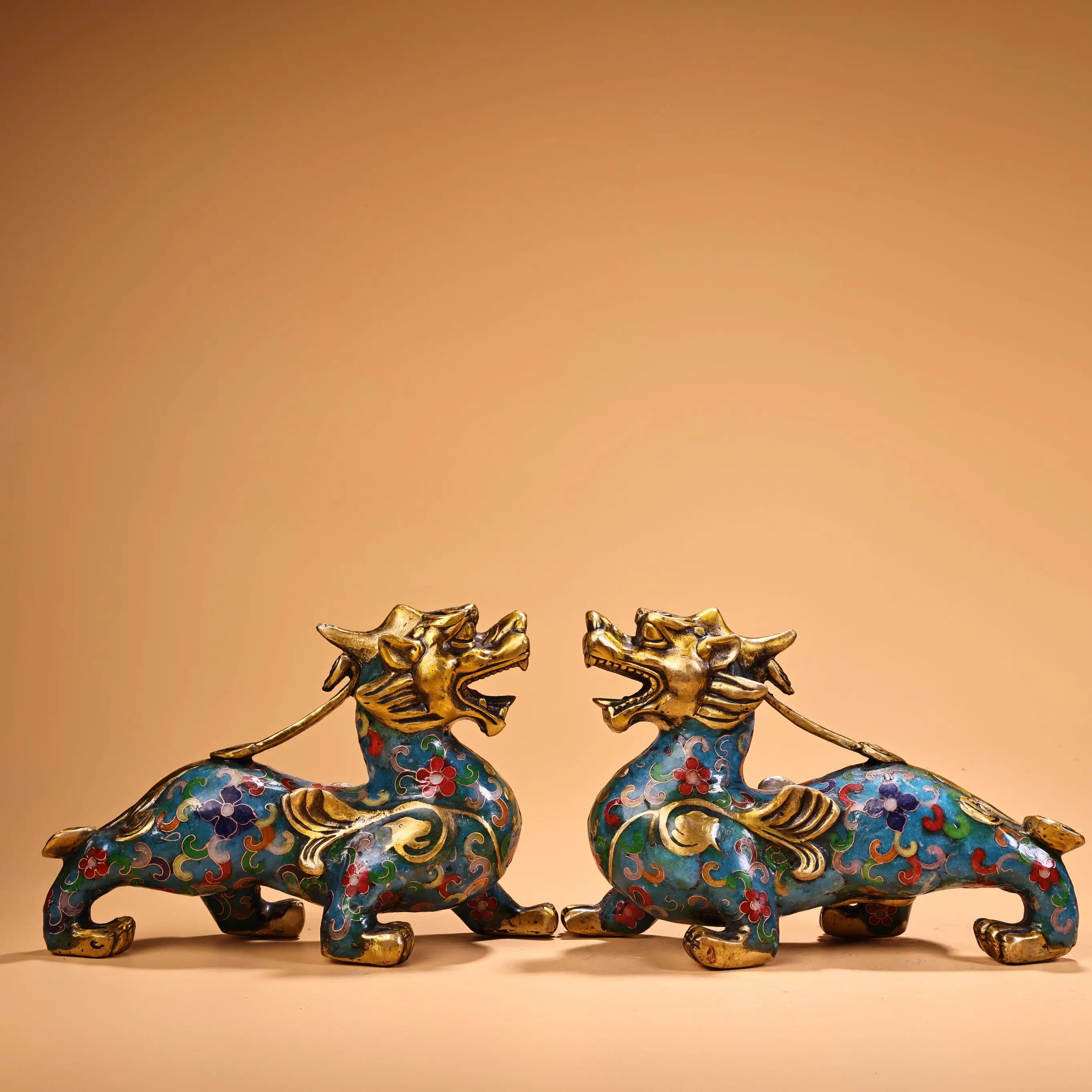 Vintage Chinese Gilt Cloisonne Enamel Pixiu Mythical Beast Figurines Pair Heavy Patina Vivid Expression Fine Craft Collectible