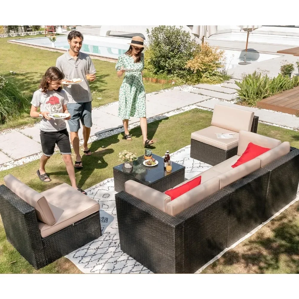 

Garden Sofas 6 Pieces Outdoor Sectional Rattan Sofa Manual Weaving Wicker Patio Conversation Set with Glass Table Garden Sofas