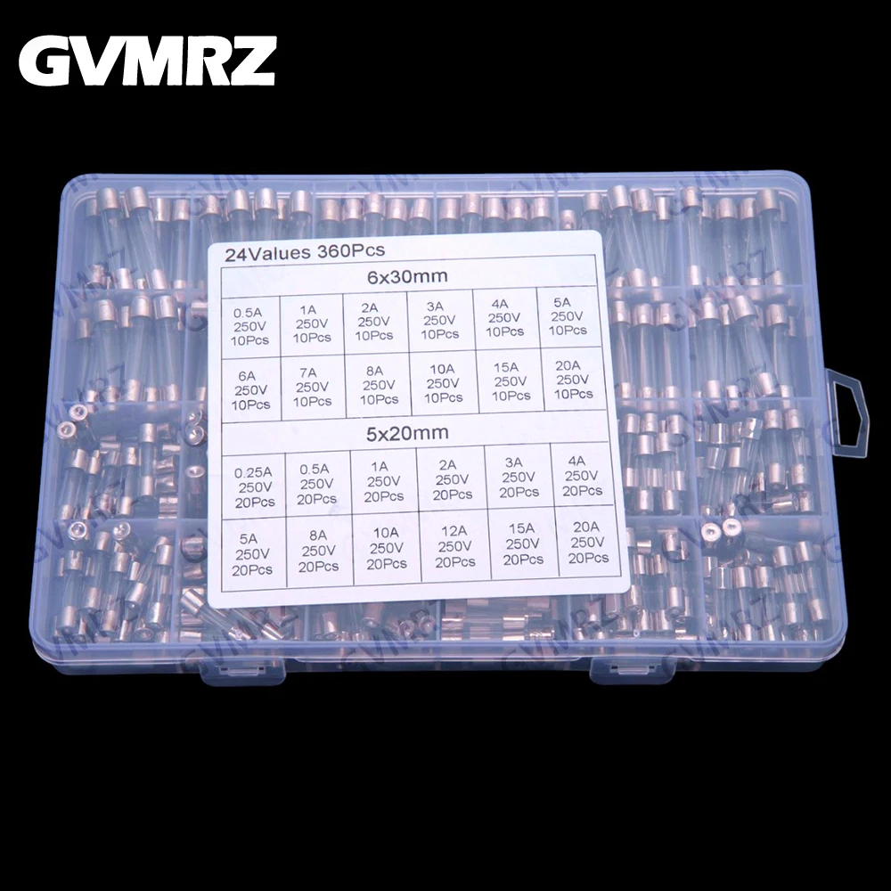 24Values 360PCS 5x20 6x30 Glass fuse kit 0.25A 0.5A 1A 2A 3A 4A 5A 8A 10A 12A 15A 20A 250V 6A 7A