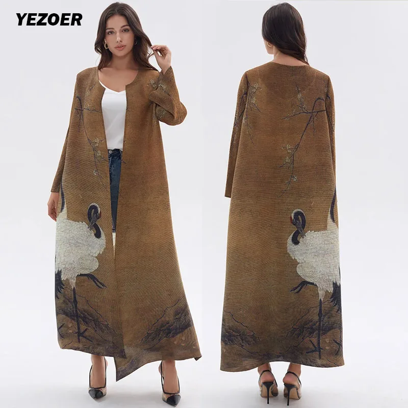 

Pleats Elegant Pleated Long Trench Coat 2024 Spring And Summer New Long Robe Coat Jacket Cape Print Fashion