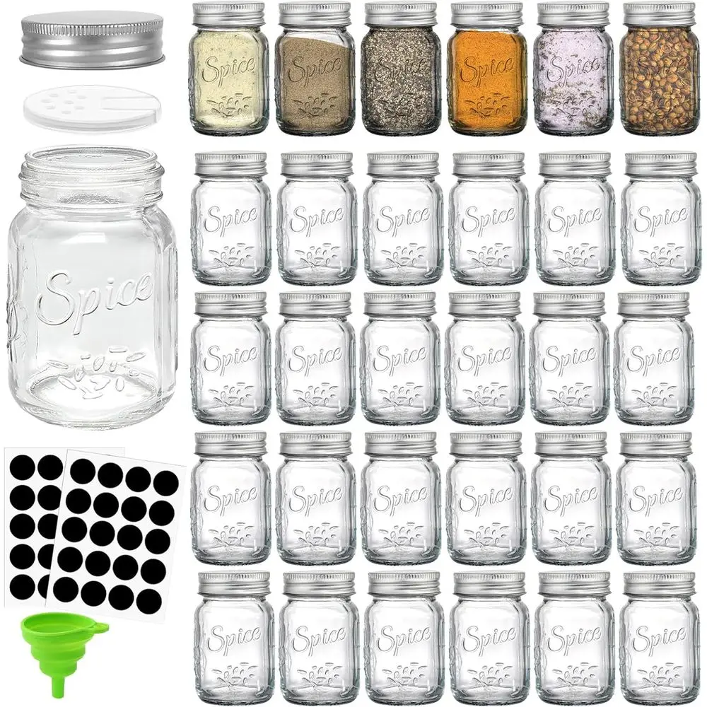 

30 Pack 4 Oz Glass Mason Spice Jars with Shaker Lids & Labels, Empty Bottles for Airtight Storage of Herbs & Spices