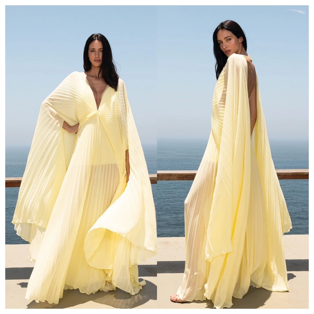 Customized High Quality Yellow Chiffon Evening Dress V-Neck Long Sleeves Homecoming Dress Vestido De Festa pen Back Temperament