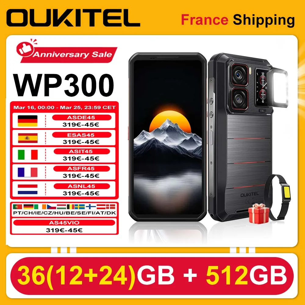 OUKITEL WP300 Smartphone 36(12 + 24)GB 512GB Android 15 6.8 "FHD + 120Hz 5G 108MP 16000mAh 45W Camping lumière téléphones montres intelligentes