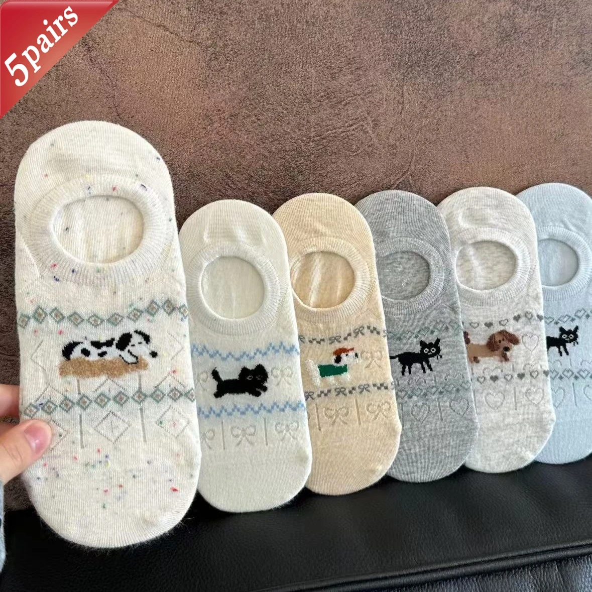 

5 Pairs Women's Socks Set Korean Cartoon Puppy Kitty Prints Cute Kawaii Ankle Socks Thin Silicone Shallow Mouth Anti Drop Socks