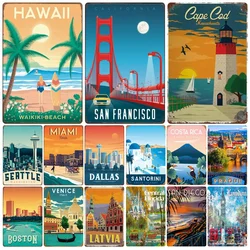 Vintage America Travel Poster, City Landscape Painting Metal Plate, Hawaii, Miami Tin Sign, Cuba Printing Wall Art Decor WY201