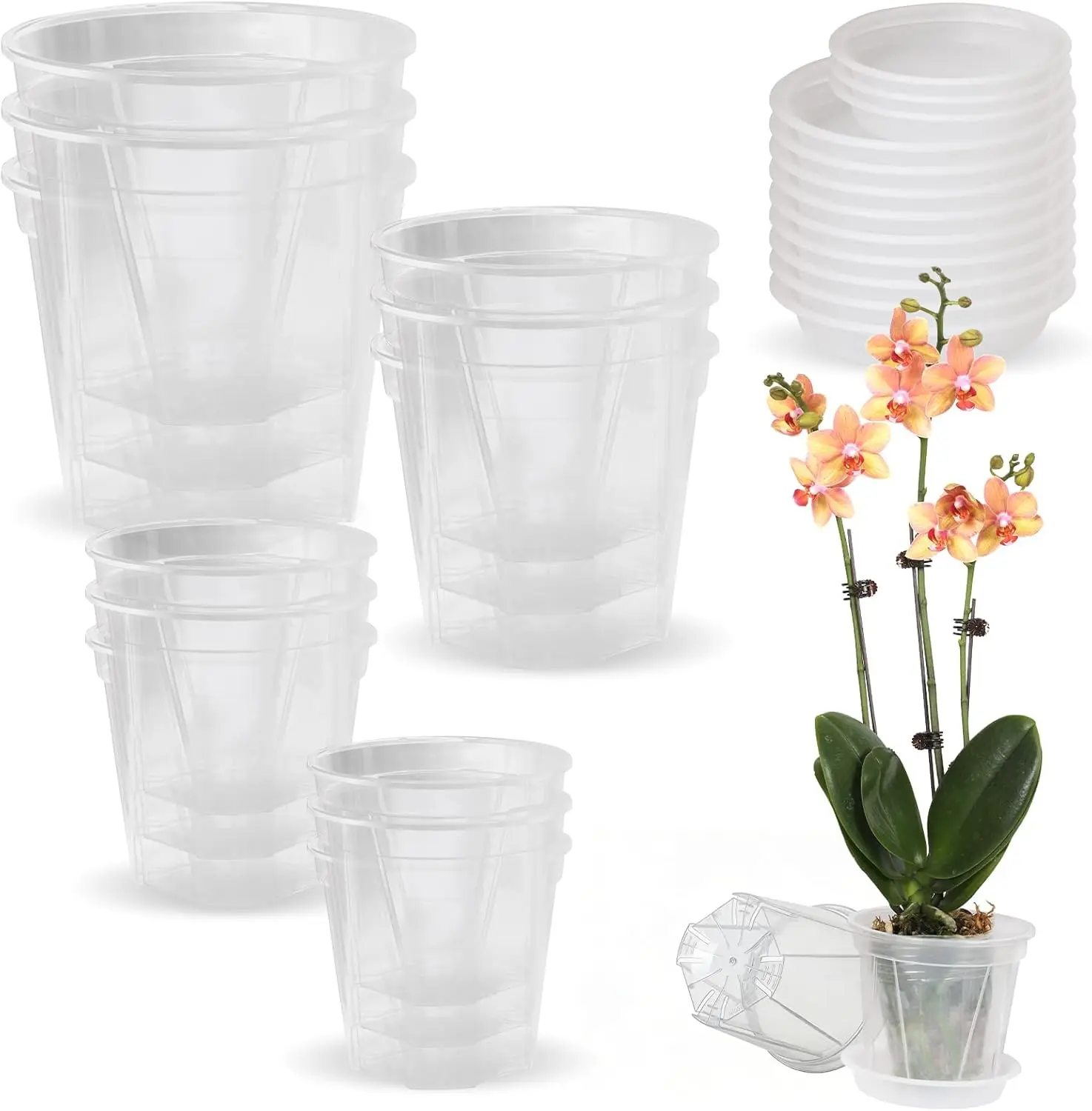 

Набор из 12 прозрачных горшков для рассады с поддонами, дышащие пластиковые кашпо для орхидей с боковыми дренажными отверстиями, 4 размера