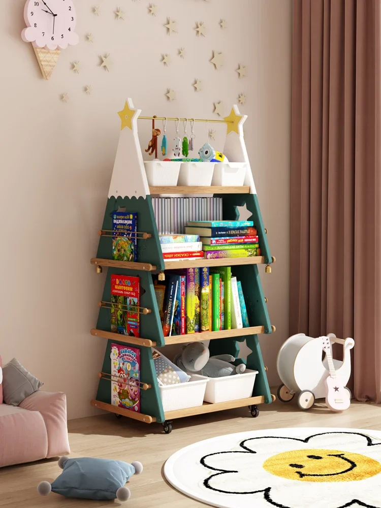 Fengzan Children's Mobile Bookshelf with Wheels Solid Wood Picture Book Stand Floor