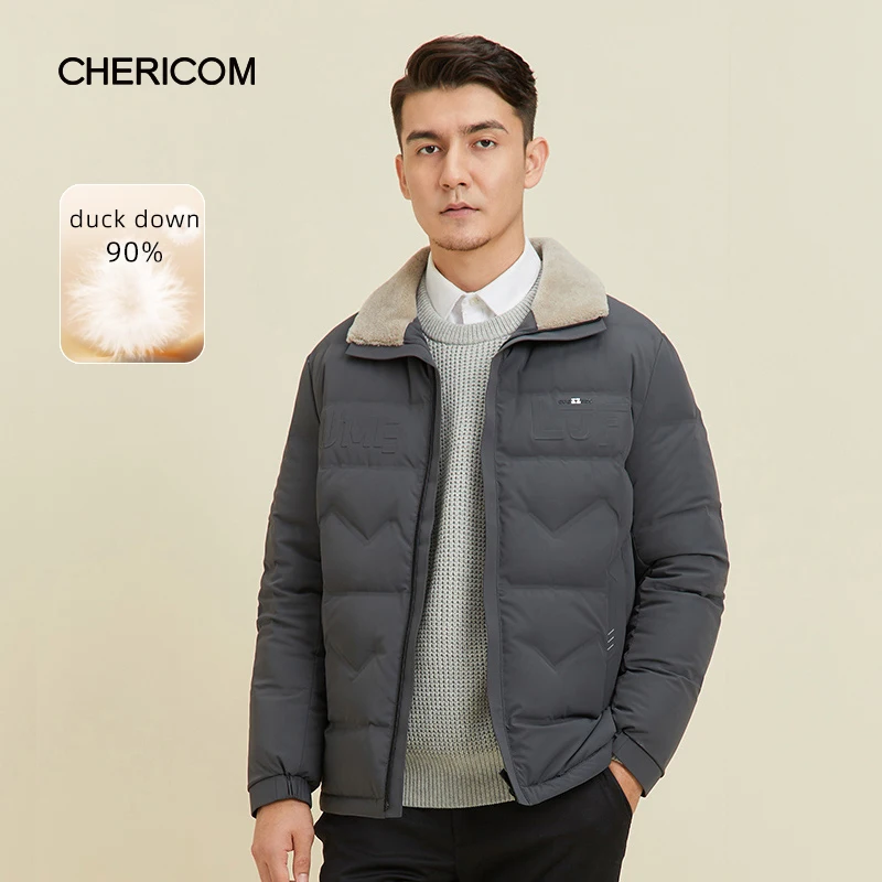 Chericom Winter Men's Short Jacket Down Jacket Fashion Trend Lamb Wool Lapel Outerwear Business Casual Soft Puffer Coats 279650