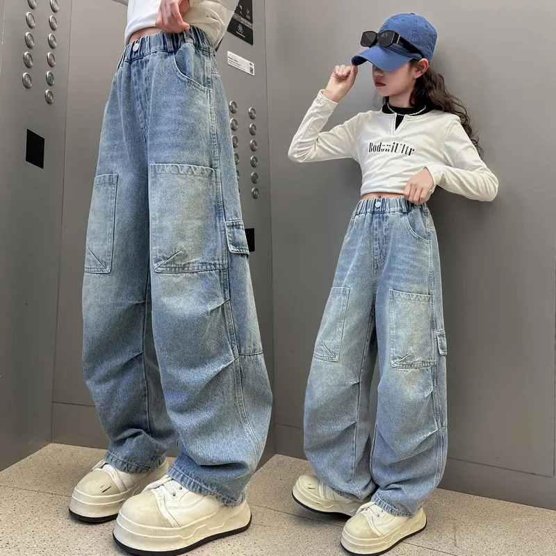 Girls Multi-Pocket Jeans For Spring Autumn Teenager Girls Denim Cargo Pants 2024 New Fashion Kids Trousers 6 8 10 12 14Years Old