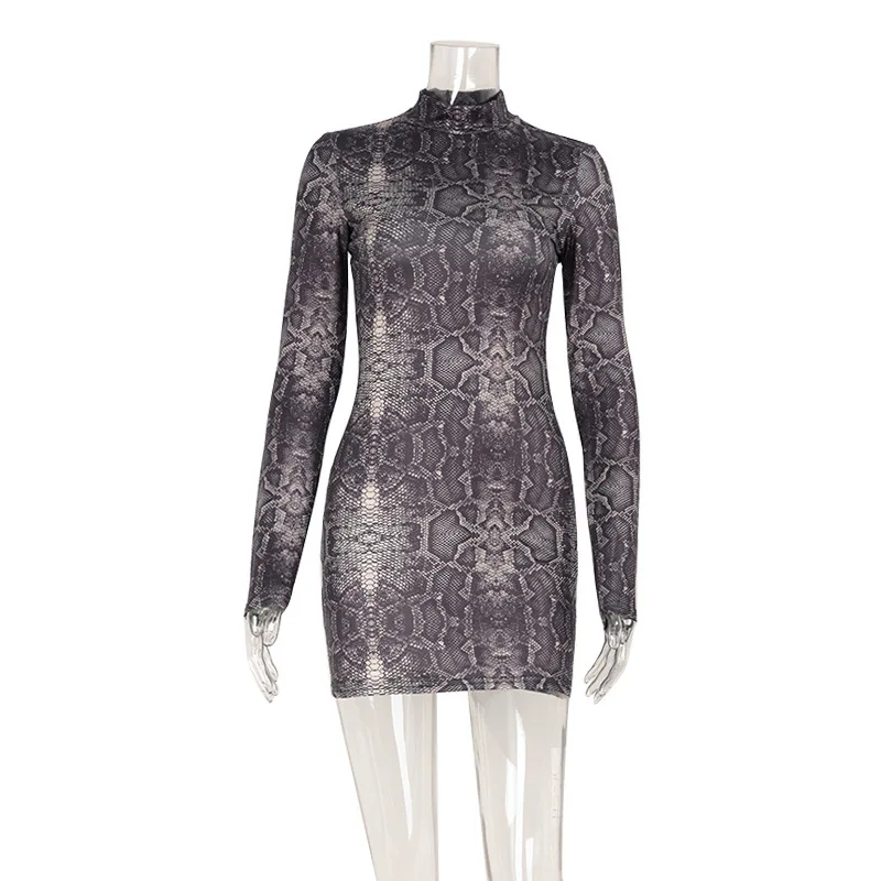 Gaun Prom Musim Gugur Motif Leopard Ular Kerah Tinggi Lengan Panjang Model Sheath Pendek Formal untuk Tamu Pernikahan Gaun Kasual Pesta Malam Gaun Pengantin