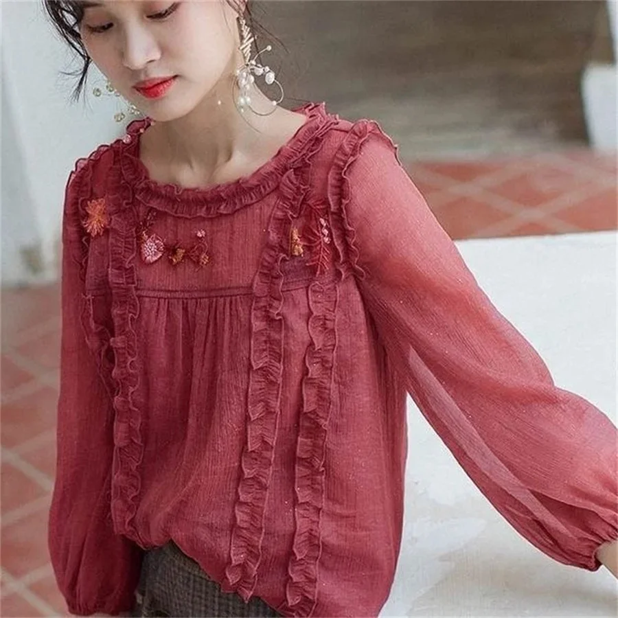 Women's Spring Summer Style Chiffon Blouses Shirt Appliques Decor O-Neck Ruffles Solid Color Korean Casual Tops