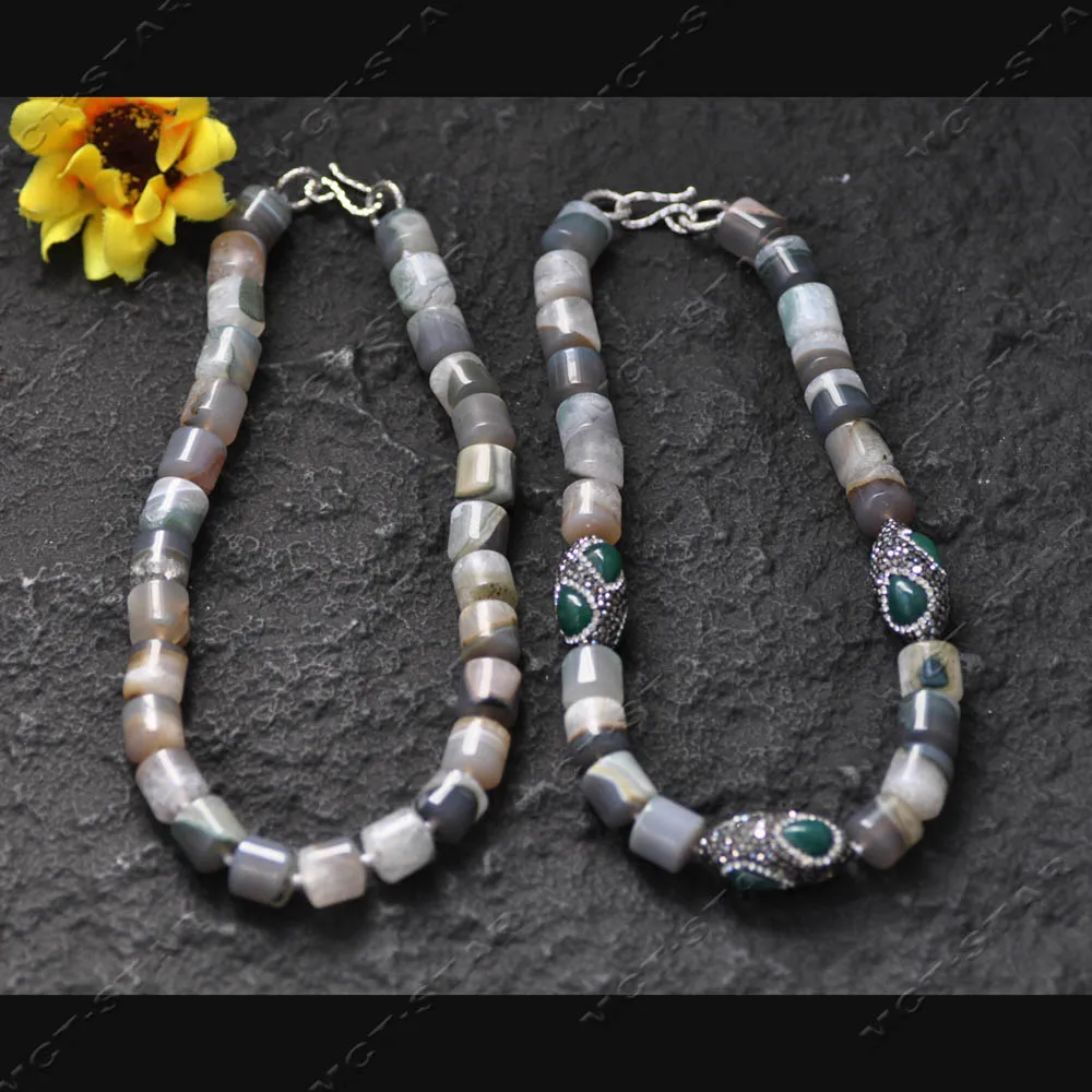 

Z14540 17'' 14mm Natural Green Agate CZ Shuttle Cylinder Gray Green Water Moss Agate Necklace
