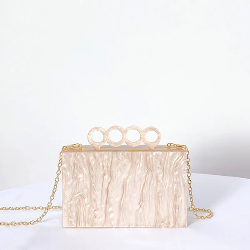 Women Evening Clutch For Wedding Prom Party Circle Decoration Chain Crossbody Shoulder Bags Champagne Marbling Acrylic Handbags