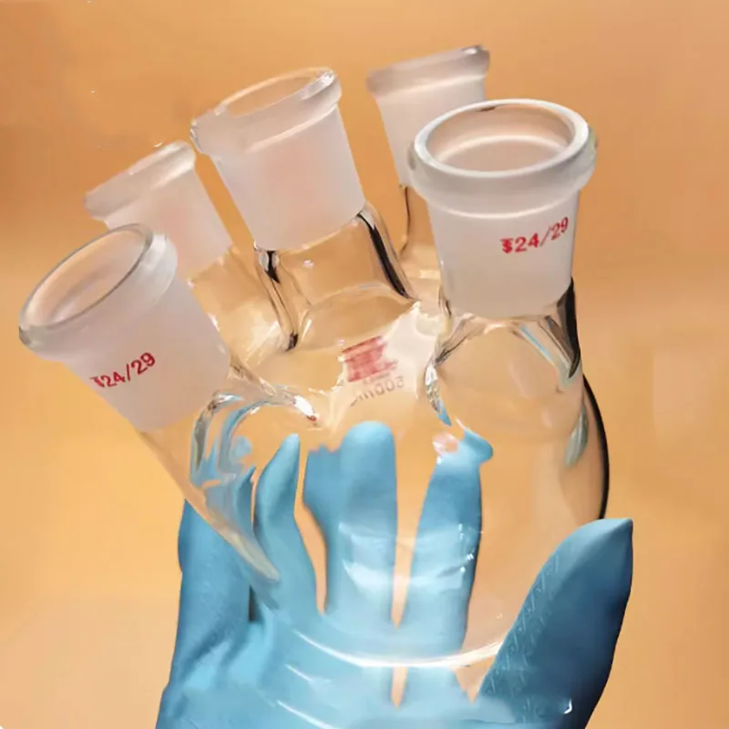 Thickened high borosilicate glass five-necked flask, five-necked reaction bottle, straight-necked five-necked flask