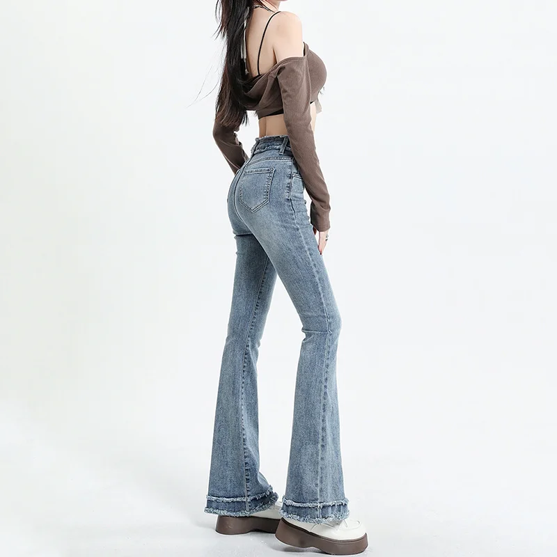 Mao-Edged Micro-Jeans Women, High-Waist, Slim Stretch Jeans, Female Long Pants, Light-Colored Trumpet Pants, Spring, Summer, New