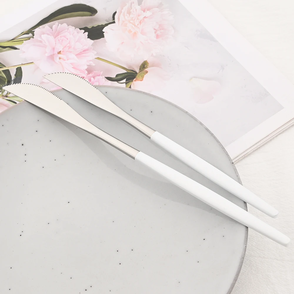 6Pcs White Silver Cutlery Set Stainless Steel Dinnerware Tableware Dessert Knife Forks Long Handle Spoon Coffee Spoons Flatware