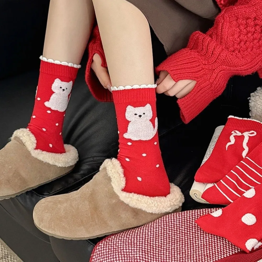 

5 Pairs Bow Combed Cotton Red Socks Soft Breathable Polka Dot Socks Creative Fashion Stripe Socks Lunar New Year