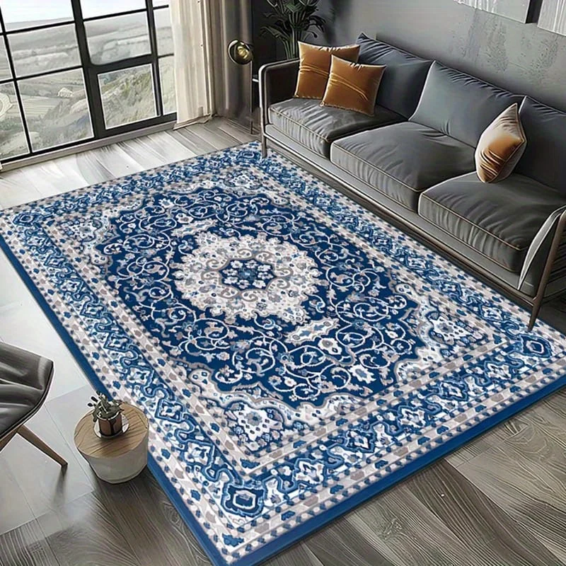 

Luxurious Bohemian Pattern Area Rug Crystal Velvet, Non-Slip, Large Size Blue & White Intricate Design