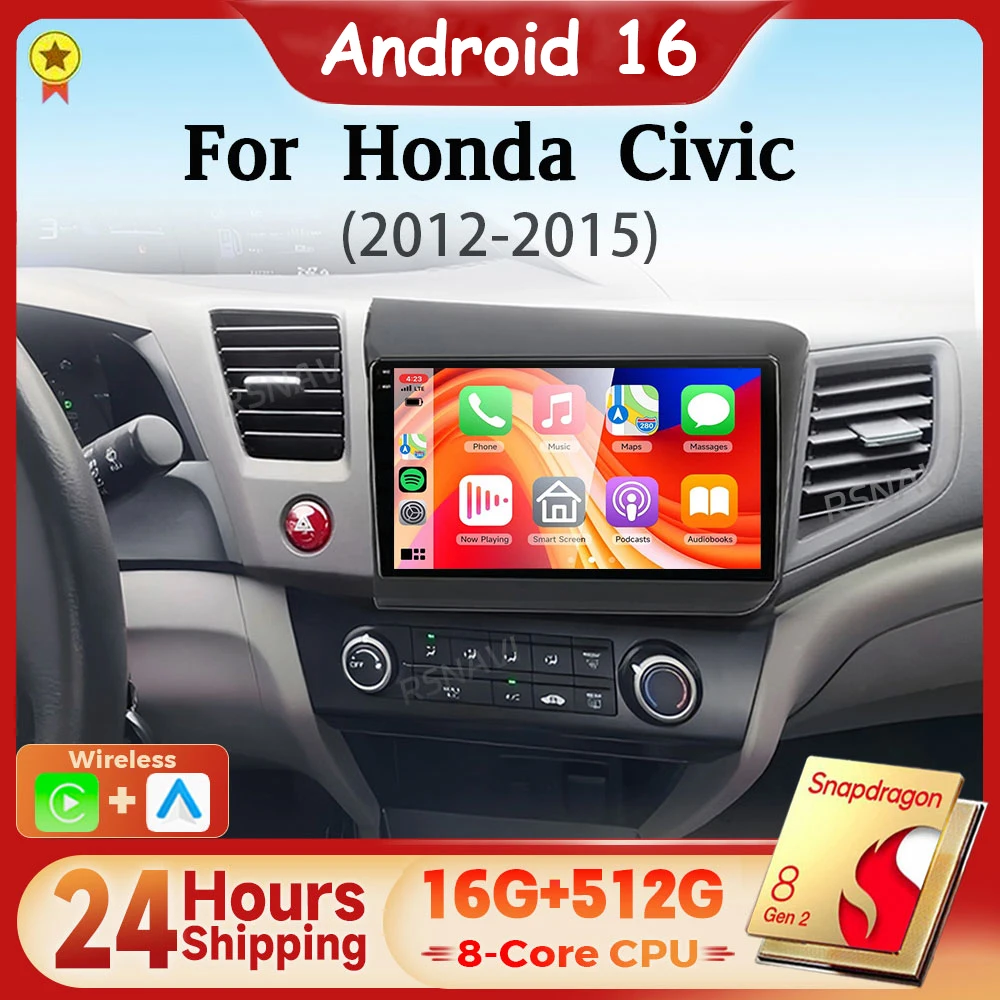 Android 16 Qualcomm Carplay Auto 2K Screen Car Radio Multimedia For Honda Civic 2012 2013 2014 2015 WIFI+4G Autoradio Stereo GPS