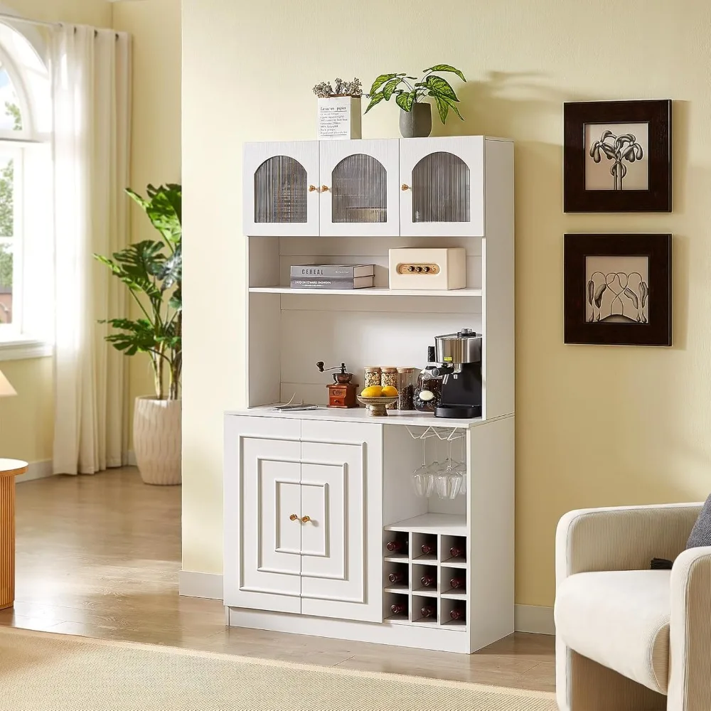 خزانة مخزن المطبخ مع رف الميكروويف، خزانة تخزين قفص المطبخ مقاس 71 بوصة، بار قهوة بوفيه أبيض مع رف زجاجي للنبيذ، فوز #3
