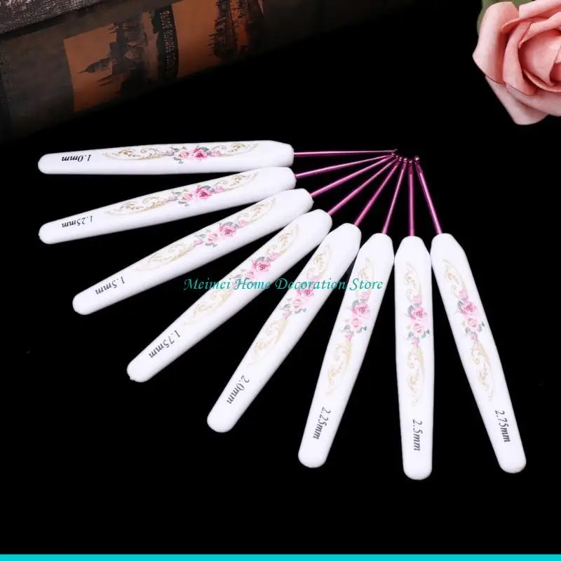 

H7BF 8pcs Plastic Handle Floral Aluminium Crochet Hooks Knitting Needle Set Weaving