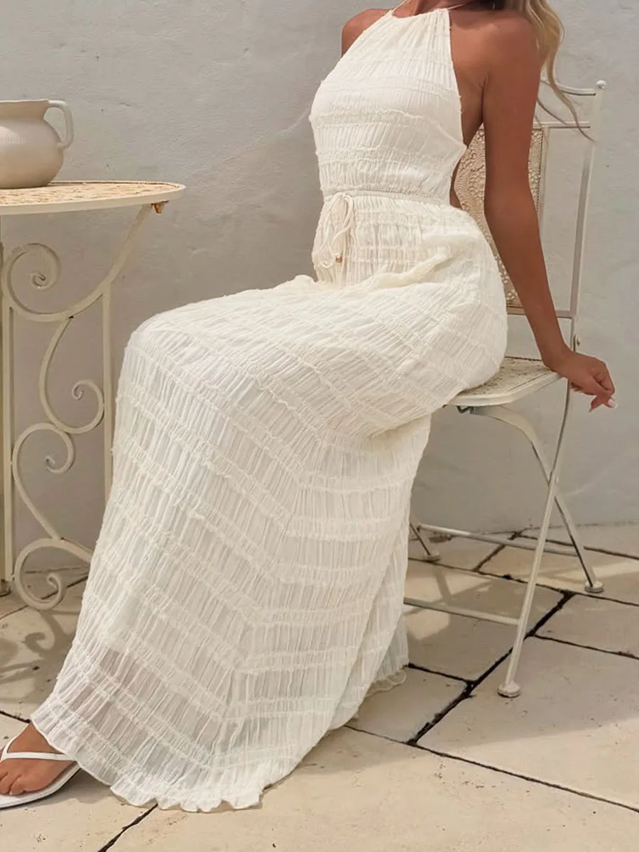 Vestido longo feminino com gola halter e babado em camadas vestido sólido com cordão e cinto sem mangas