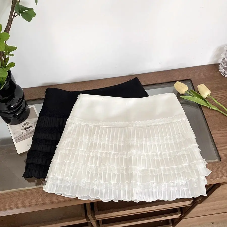 Spice Girls Summer New Korea Chic Skirt Sweet All-match Lace Ruched Slim Mujer Faldas High Waist Fungus Cake French Falda