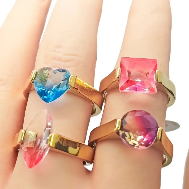 Wholesale 12 Pcs Gradient Zircon Multi Cut Solitaire Stainless Steel Rings Unisex Trendy Mixed Shape Daily Bulk Jewelry Supply