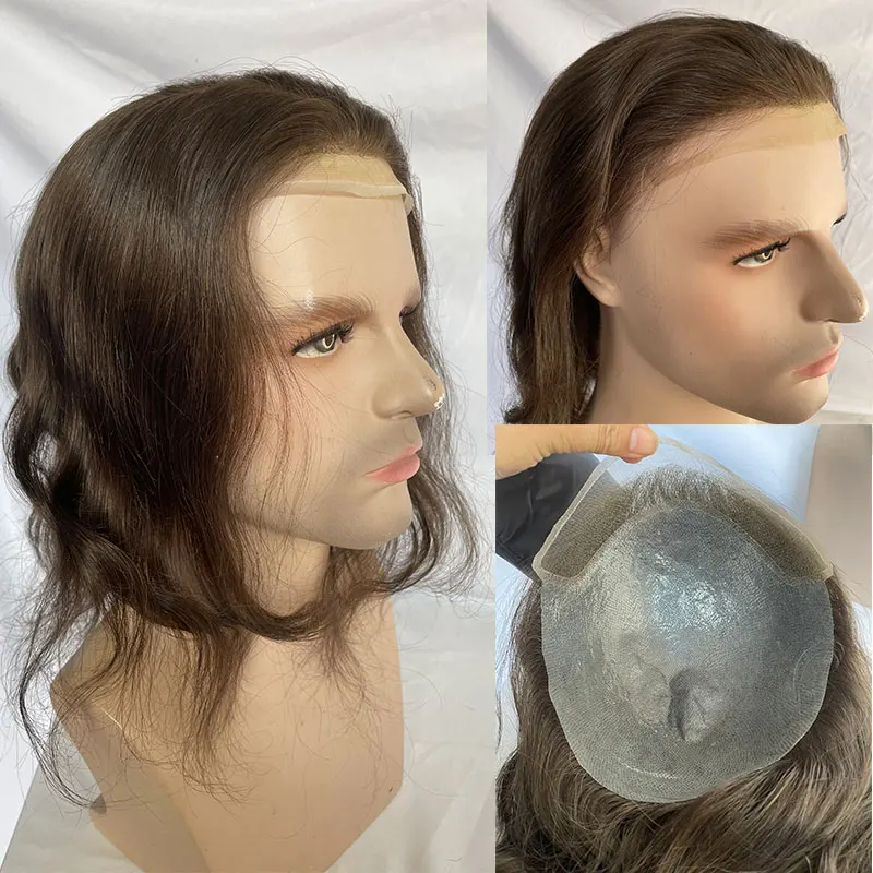 Toupee frontal de renda suíça para homens, cabelo humano com pele macia e fina, sistema de cabelo em V, peças reais de cabelo humano