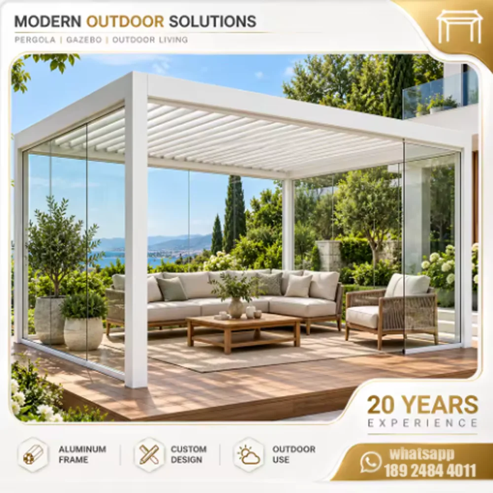 Motorized Aluminum Louvered Pergola Waterproof UV Protection Adjustable Roof Gazebo Pavilion Sunshade for Patio Garden