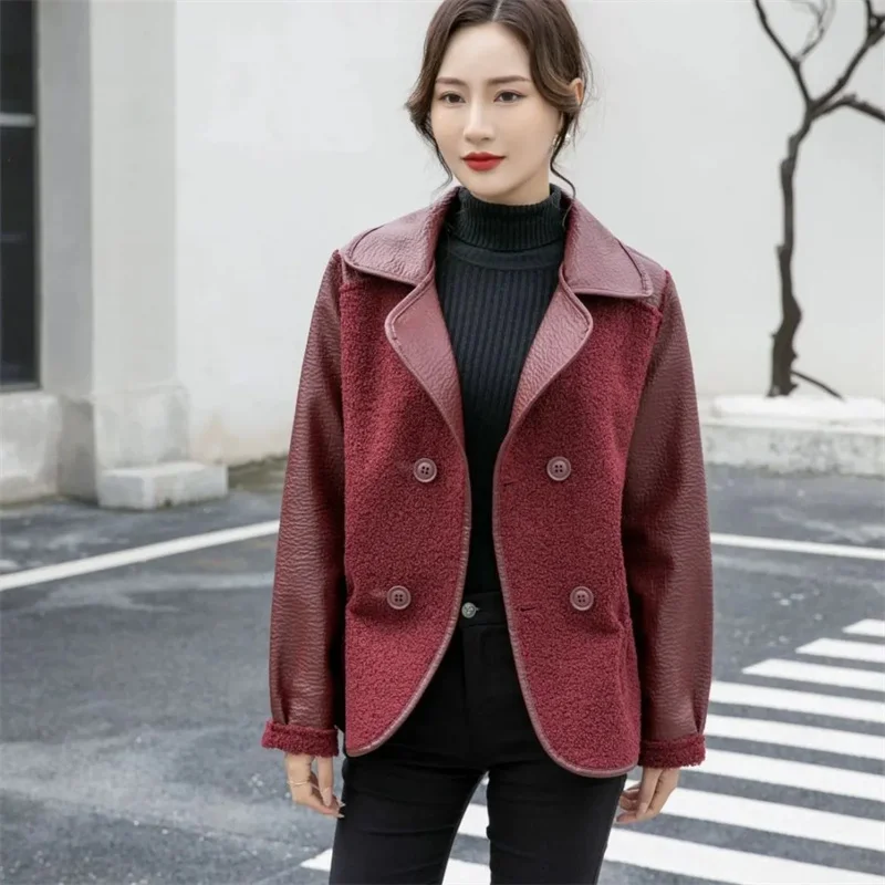 Giacca in pelle autunno inverno donna nuovo colletto allentato cappotto di lana bottoni doppiopetto capispalla moda soprabito femminile