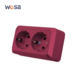 WESA Red Wall Surface 2 Power Sockets Plugs EU Exterior Electrical Outlets With Ground Outdoor Flame Retardant Paint Plastic