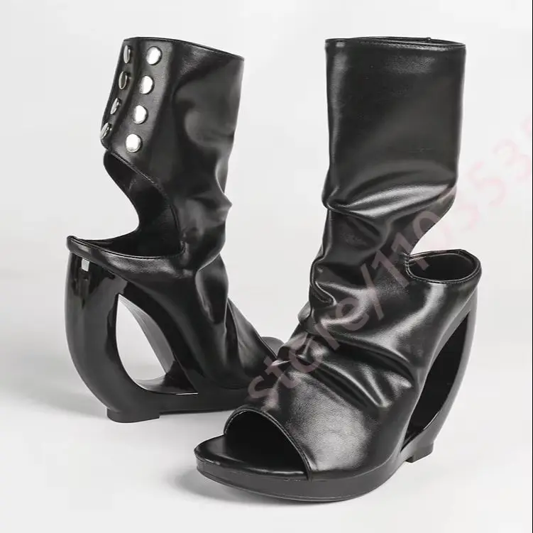Women Peep Toe Wedge Ankle Boots Unique Cutout Heel Side Cutout Studded Detail Ruched Boots Fashion Party Streetwear Footwear