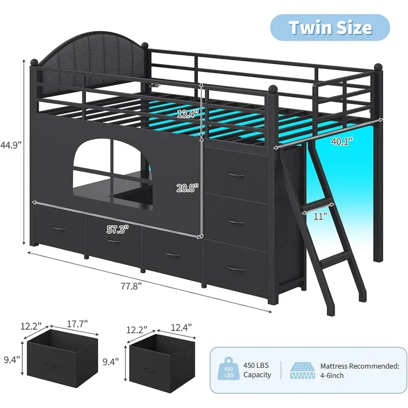 Twin Loft Bed with 8 Storage Drawers LED Lights Upholsterd Headboard Inclined Ladder Play Curtain Kids Loft Bed with Safety