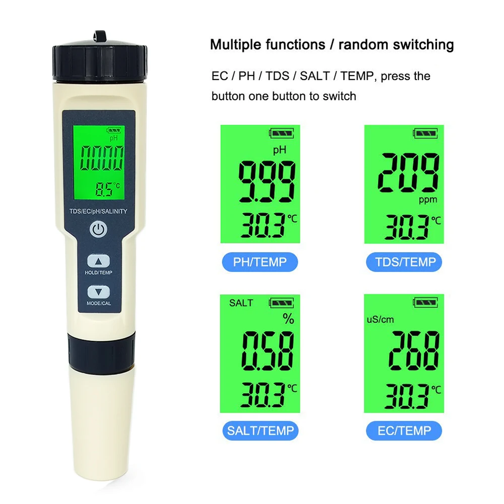 Pool Drinking Water Aquariums Digital Water Quality Monitor Meter 5 in 1 TDS/EC/PH/Salinity/Temperature Tester Pen