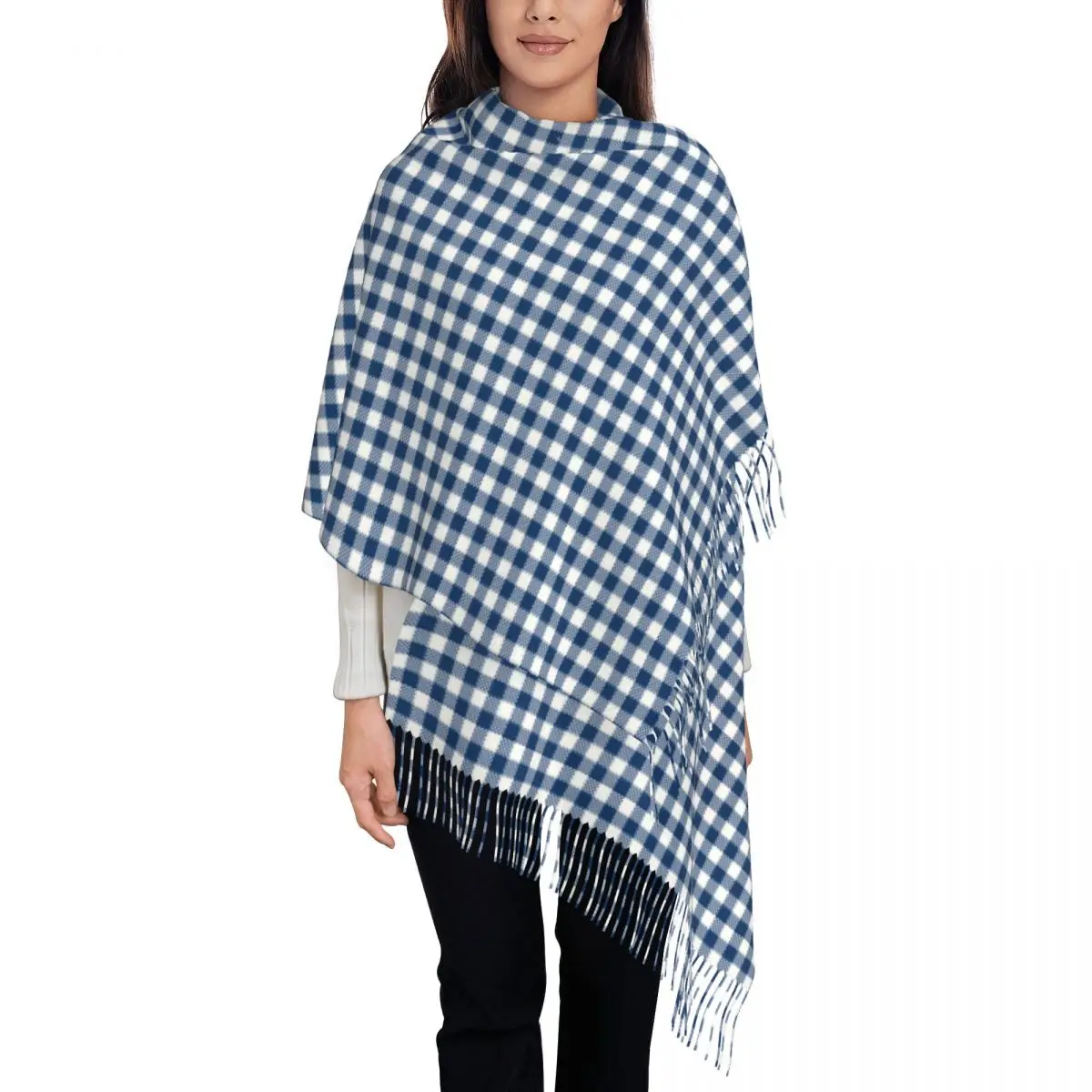 

Lady Long Blue Gingham Scarves Women Winter Thick Warm Tassel Shawl Wraps Geometric Checkered Plaid Scarf