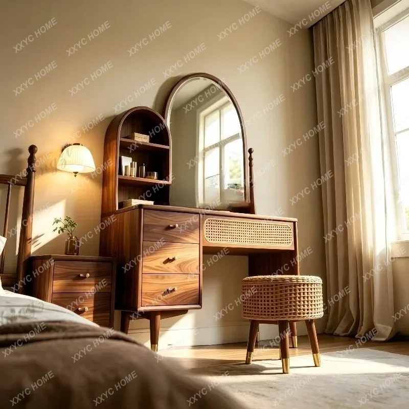 XX Retro solid wood dresser with mirror storage cabinet rattan makeup table ash wood bedroom furniture