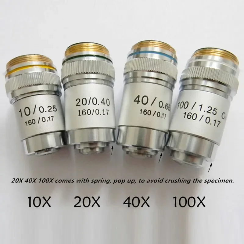 Biological Microscope Achromatic Objective Lens 4X 10X 20X 40X 60X 100X(oil) RMS 20.3mm Thread Silver Shell