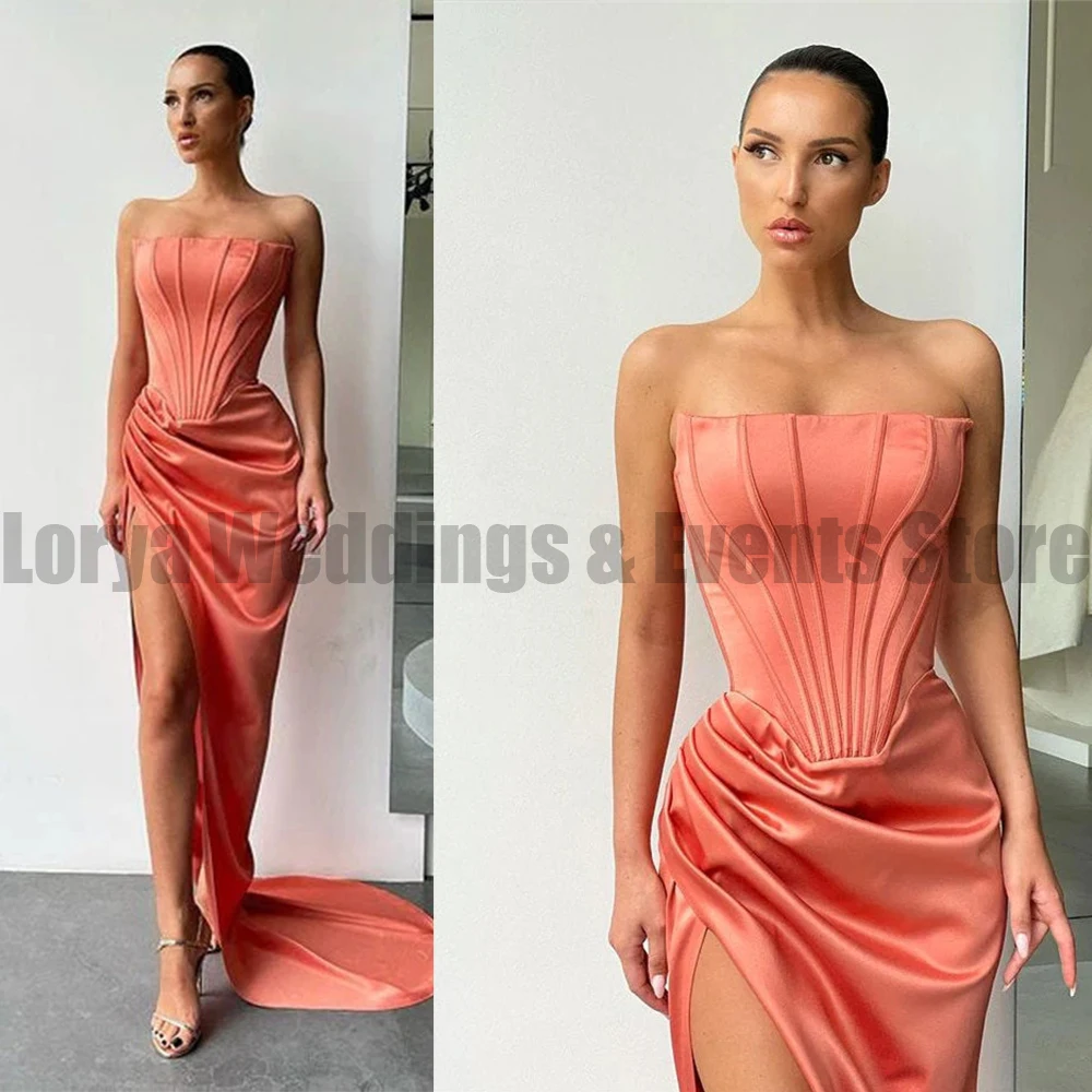 2023 Mermaid Rose Red Evening Dresses Sexy Side High Split Simple Princess Prom Gowns Pleated Sleeveless Fashion Celebrity Robe