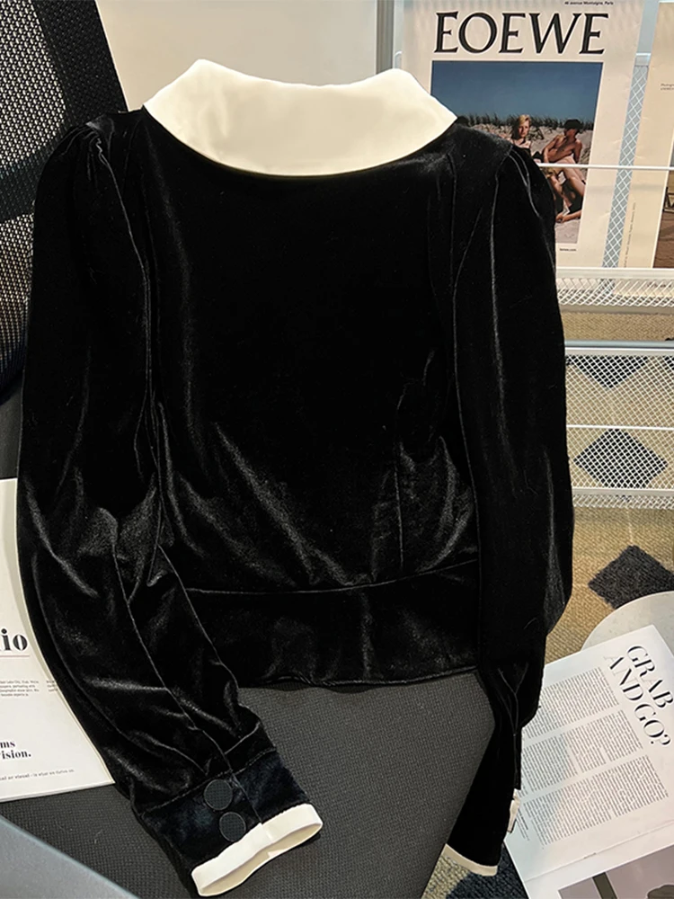 Camisas e blusas de veludo preto feminino vintage y2k coreano 2000s elegante manga longa peter pan colarinho camisa roupas 2024 outono