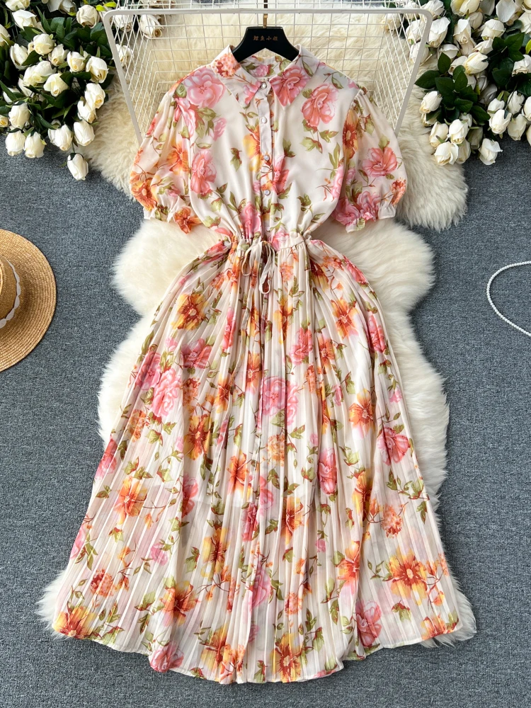 Frauen lässig Blumen Falten kleid Sommer Kurzarm Revers gedruckt lange Kleider Damen schlanke A-Linie Chiffon lange Robe Vestidos