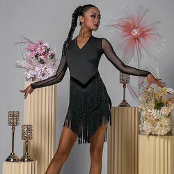 Sexy Backless Latin Dance Dress Black Mesh Sleeves Latin Fringes Dress Women Samba Cha cha Latin Dance Competition Wear SL7921