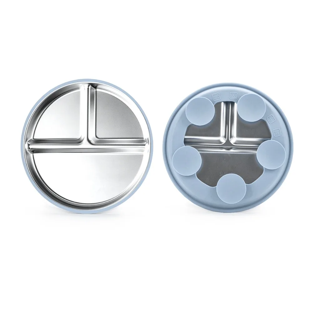 

New Non-Slip Stainless Steel Kids Plate Silicone Sleeves with Suction Divided Baby Plates Anti Breakage Removable Toddler Bowls