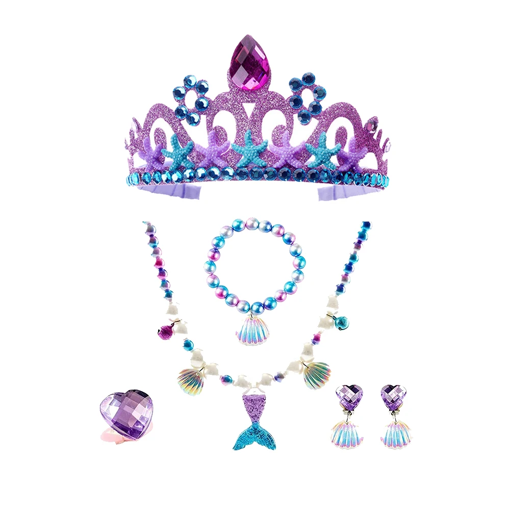 Under The Sea Princess Jewelry Set Crown Wand Gloves Mermail Tail Necklace For Girls Cosplay Halloween Birthday Party Dress Up