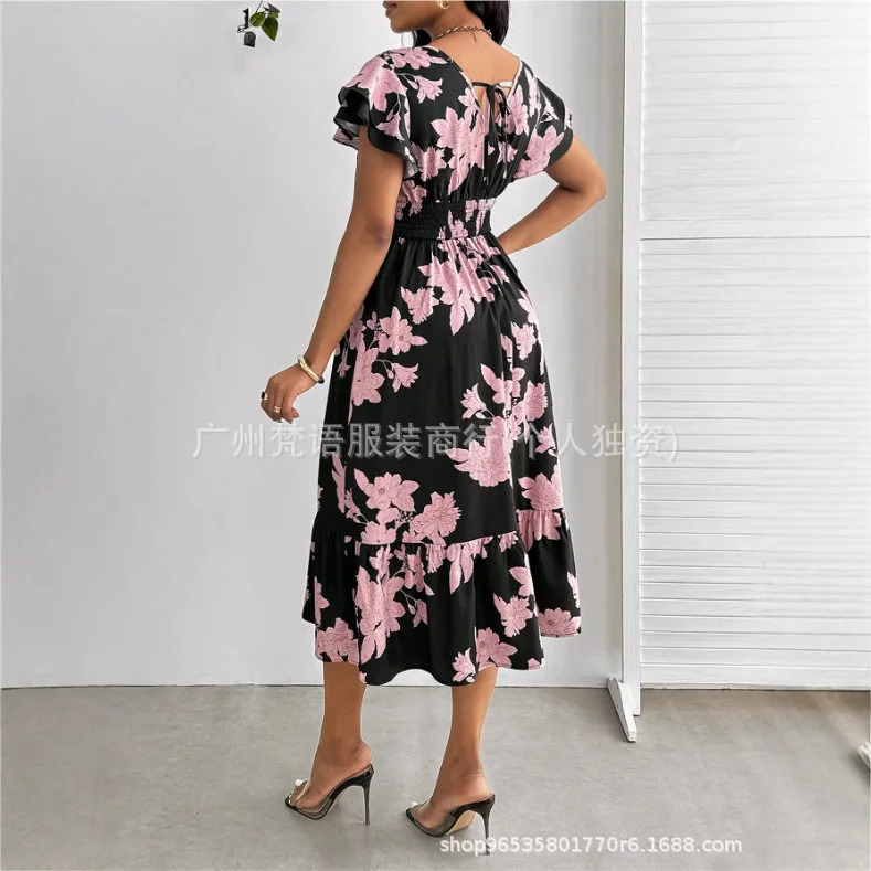 Sommermode-Kleid für Damen mit Blumendruck, V-Ausschnitt und lässigem Rüschenrand, kurzen Ärmeln, Rüschenärmeln, mittellanges Kleid